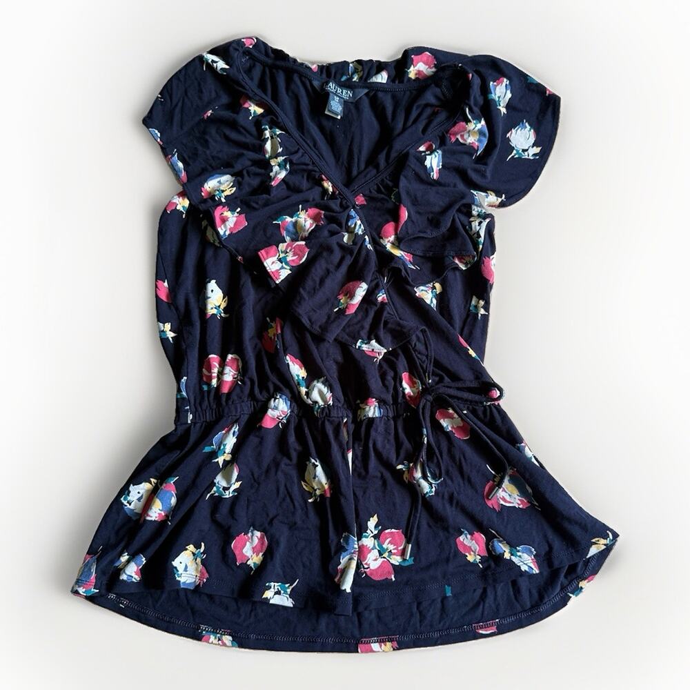 Ralph Lauren Women’s Floral Peplum Tie Waist Ruffle Neck Top Black Small